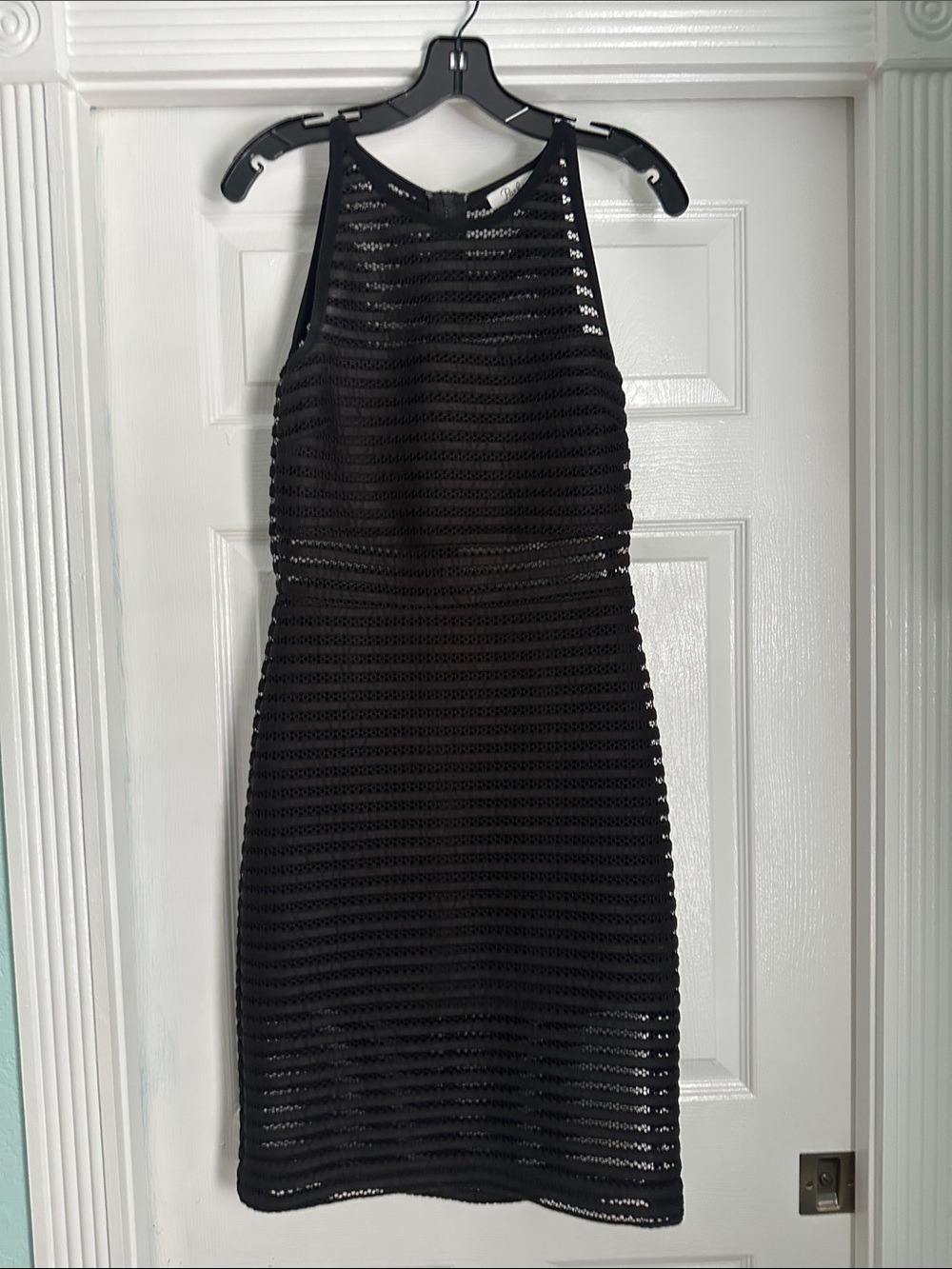 Parker Black Striped Mesh High-Neck Midi Dress